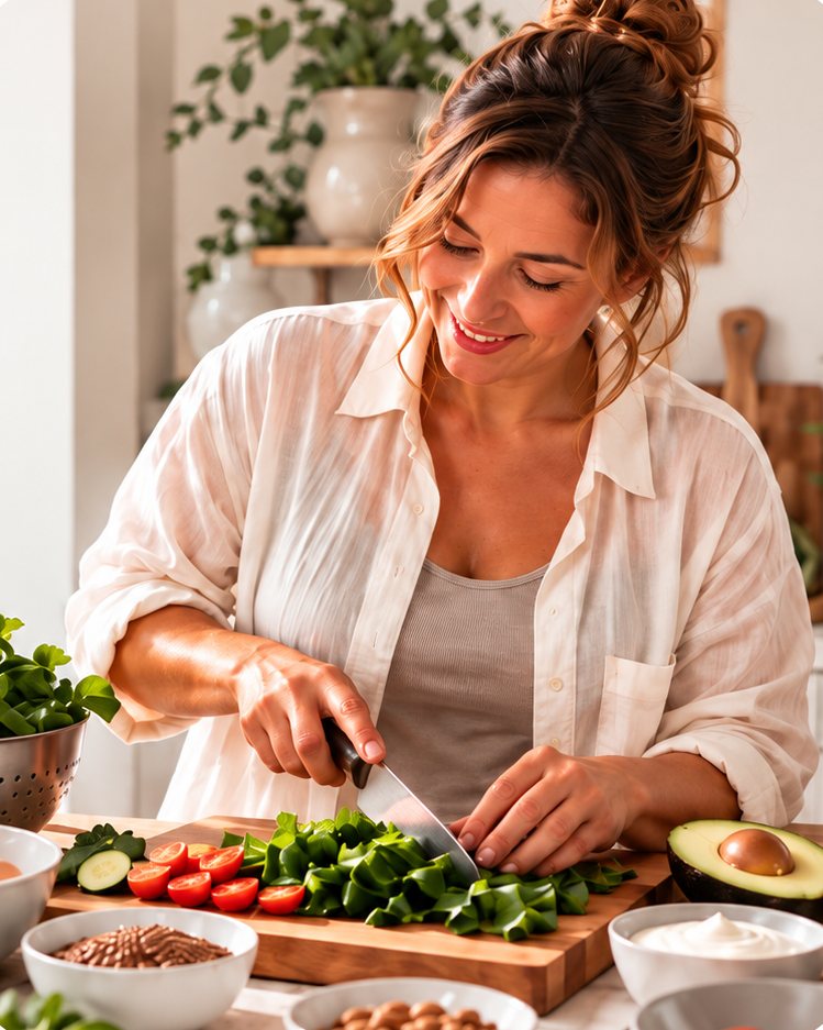 Mujer cortando verduras para una comida real en su cocina.